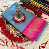Steel Blue Grey with Pink Border Semi Soft Silk Saree-VS725